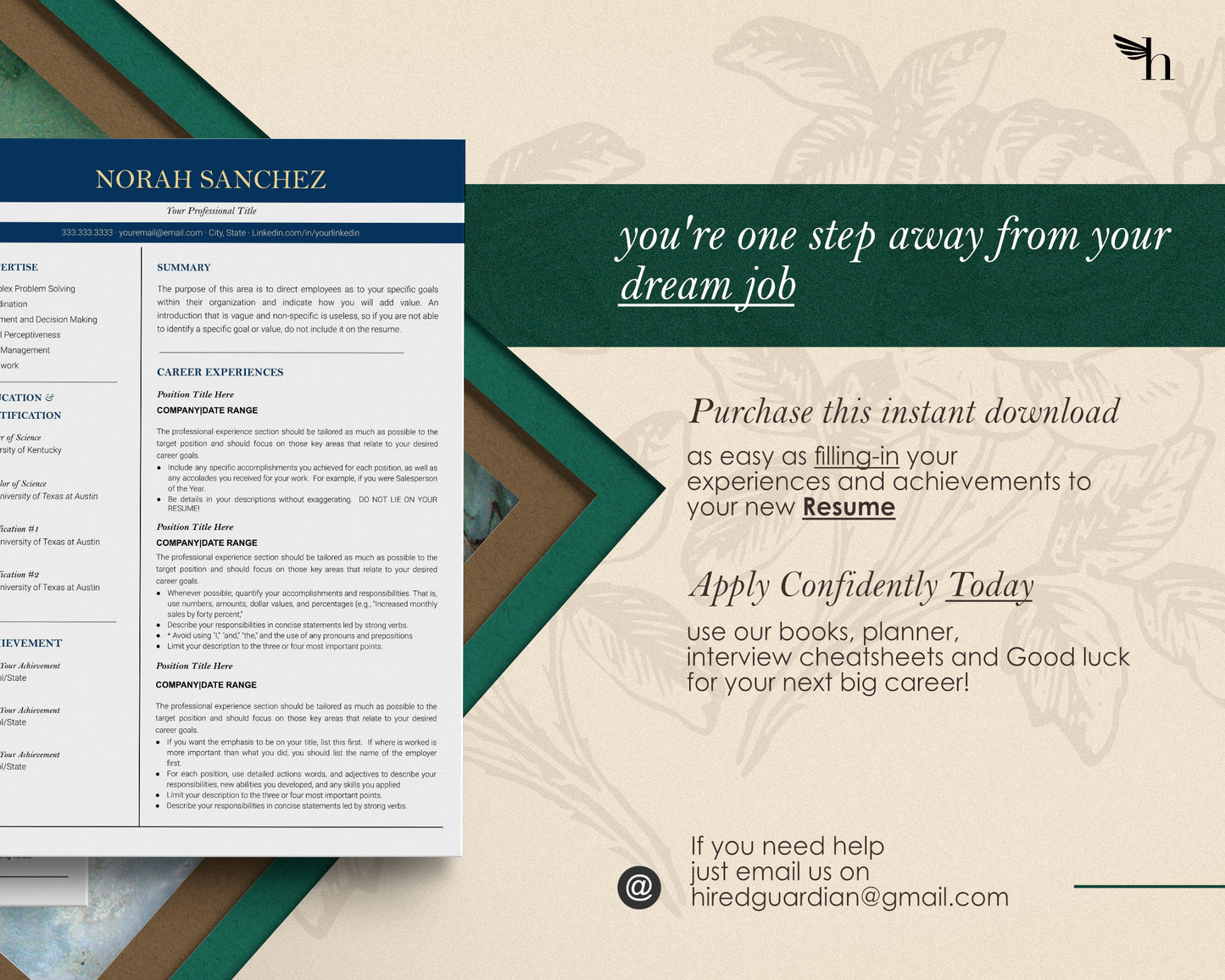 Professional Resume Template Google docs, Word and Apple Pages - Norah - Hired Guardian