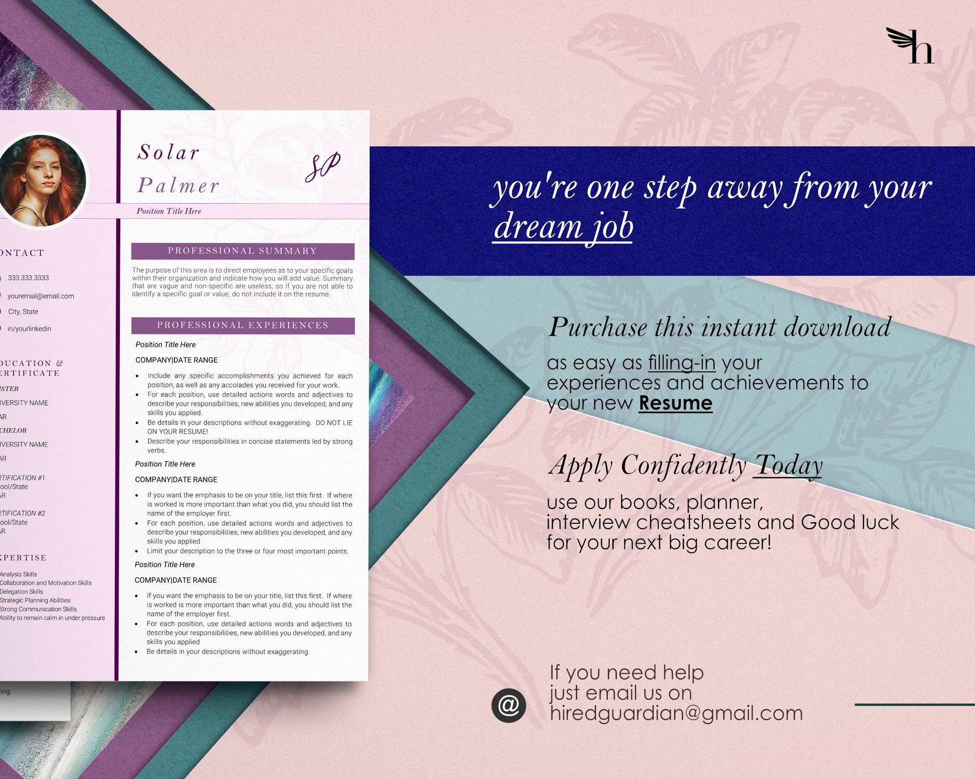 Pink Resume Template with Photo for Apple Pages in Mac or Word - Solar - Hired Guardian