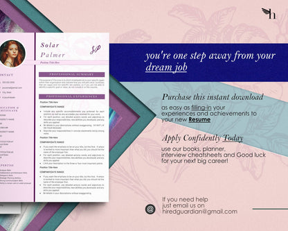 Pink Resume Template with Photo for Apple Pages in Mac or Word - Solar - Hired Guardian