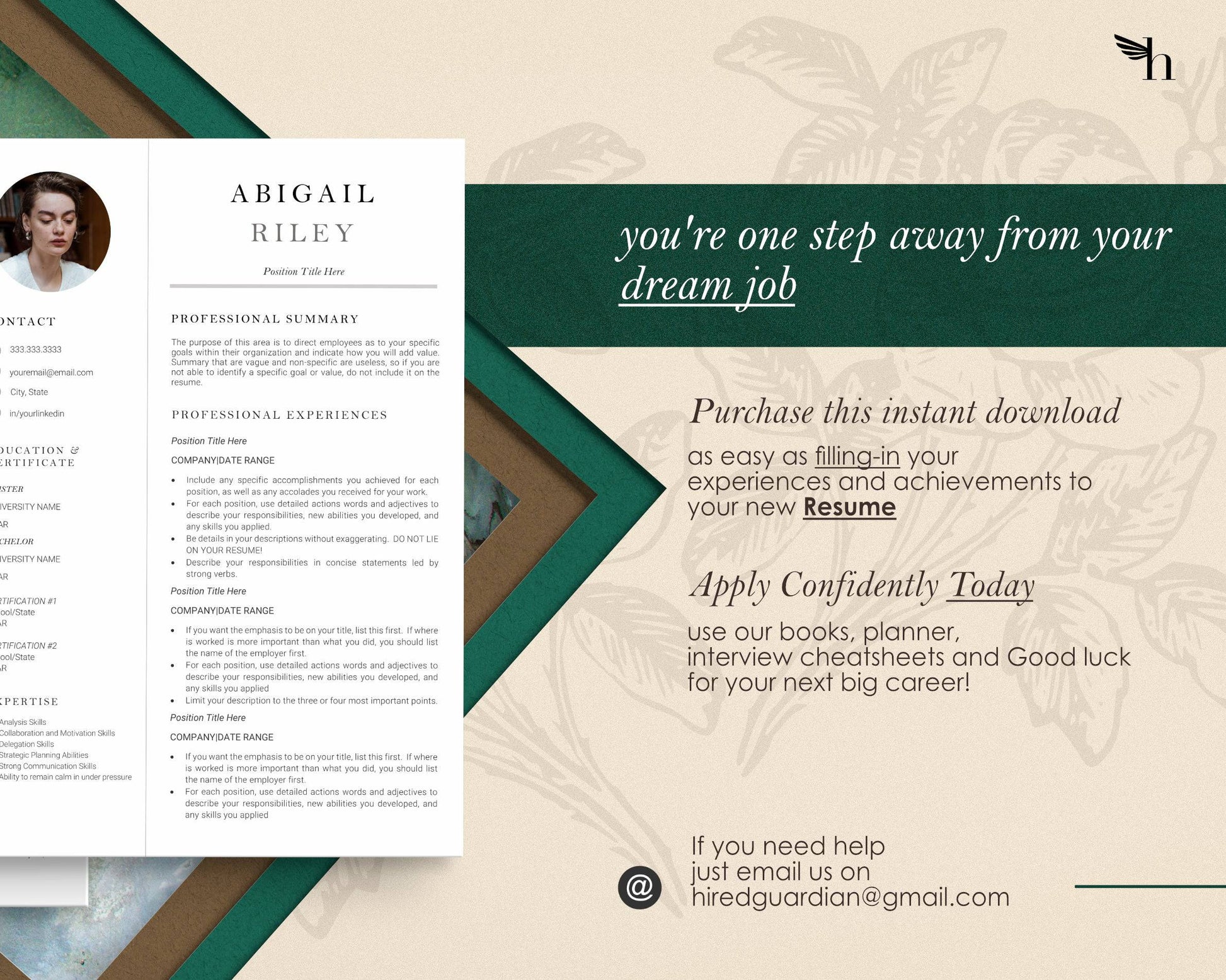 Modern Executive Template with Photo for Apple Pages in Mac or Word - Abigail - Hired Guardian