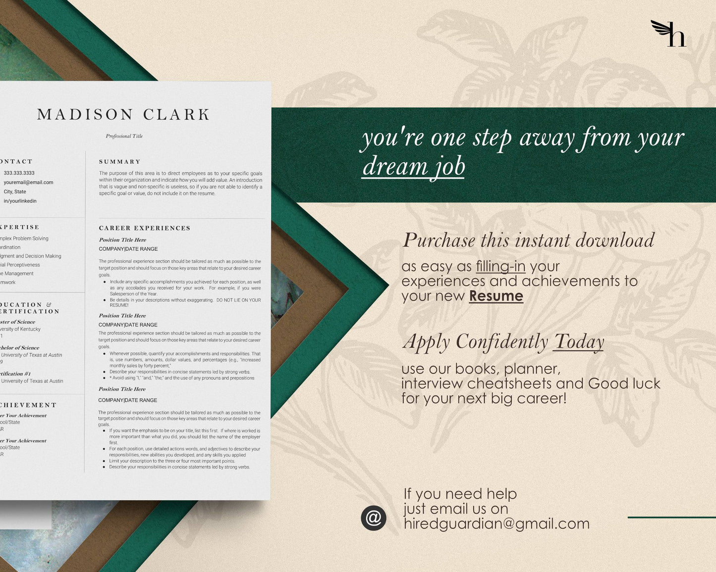 Clean Minimalist Resume Template Google docs, Word and Apple Pages - Madison - Hired Guardian