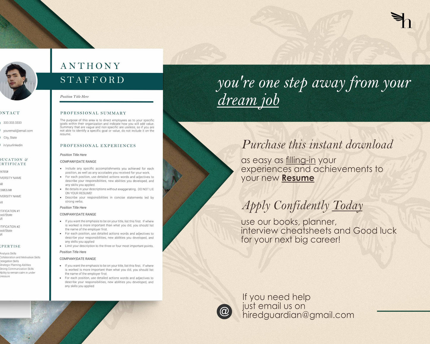 Resume Template with Photo for Apple Pages in Mac or Word - Anthony - Hired Guardian