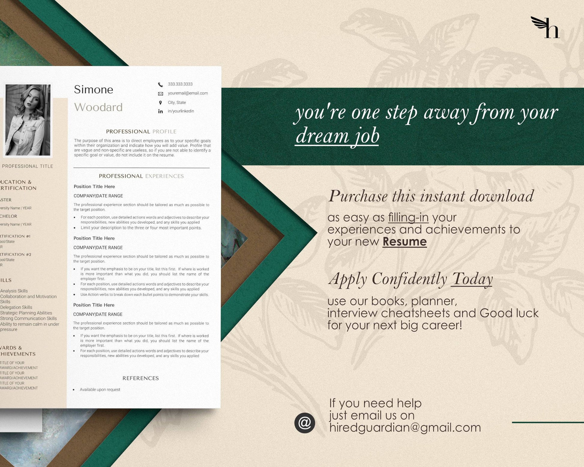 CV Template with Photo for Apple Pages in Mac or Word - Simone - Hired Guardian