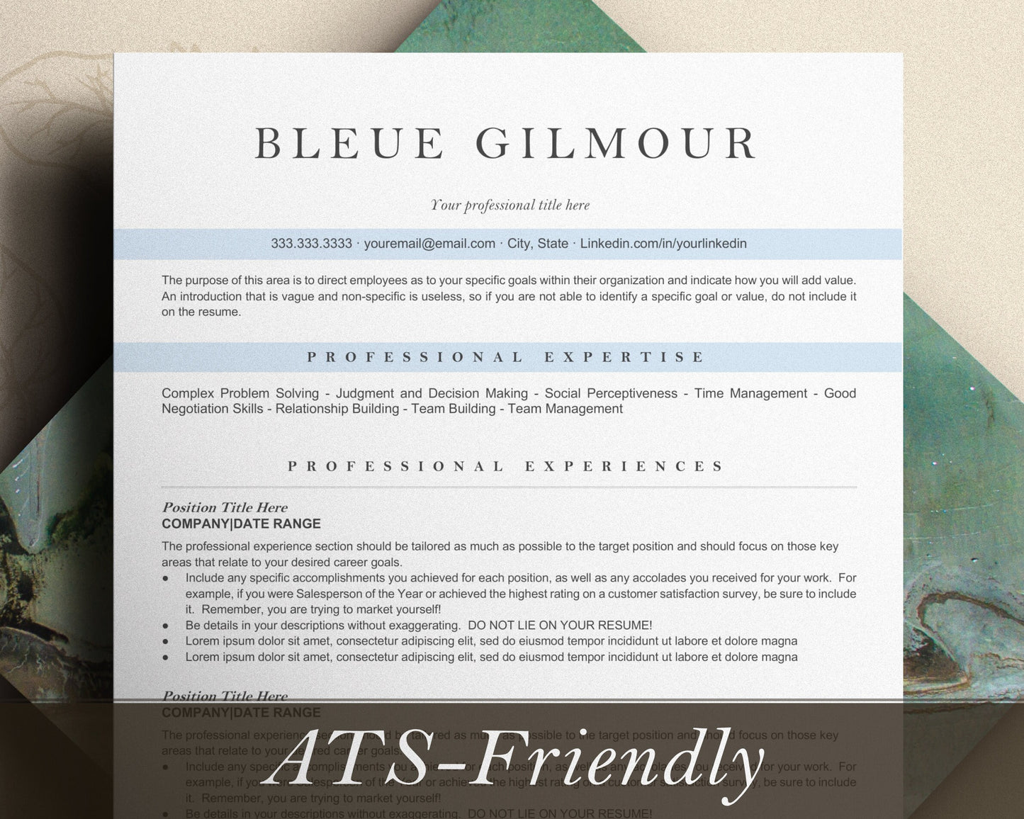 ATS Resume Template for Word, Pages, Google Docs, ATS Friendly Resume Template, Minimalist ATS Compatible Resume Cv Design, Executive Resume