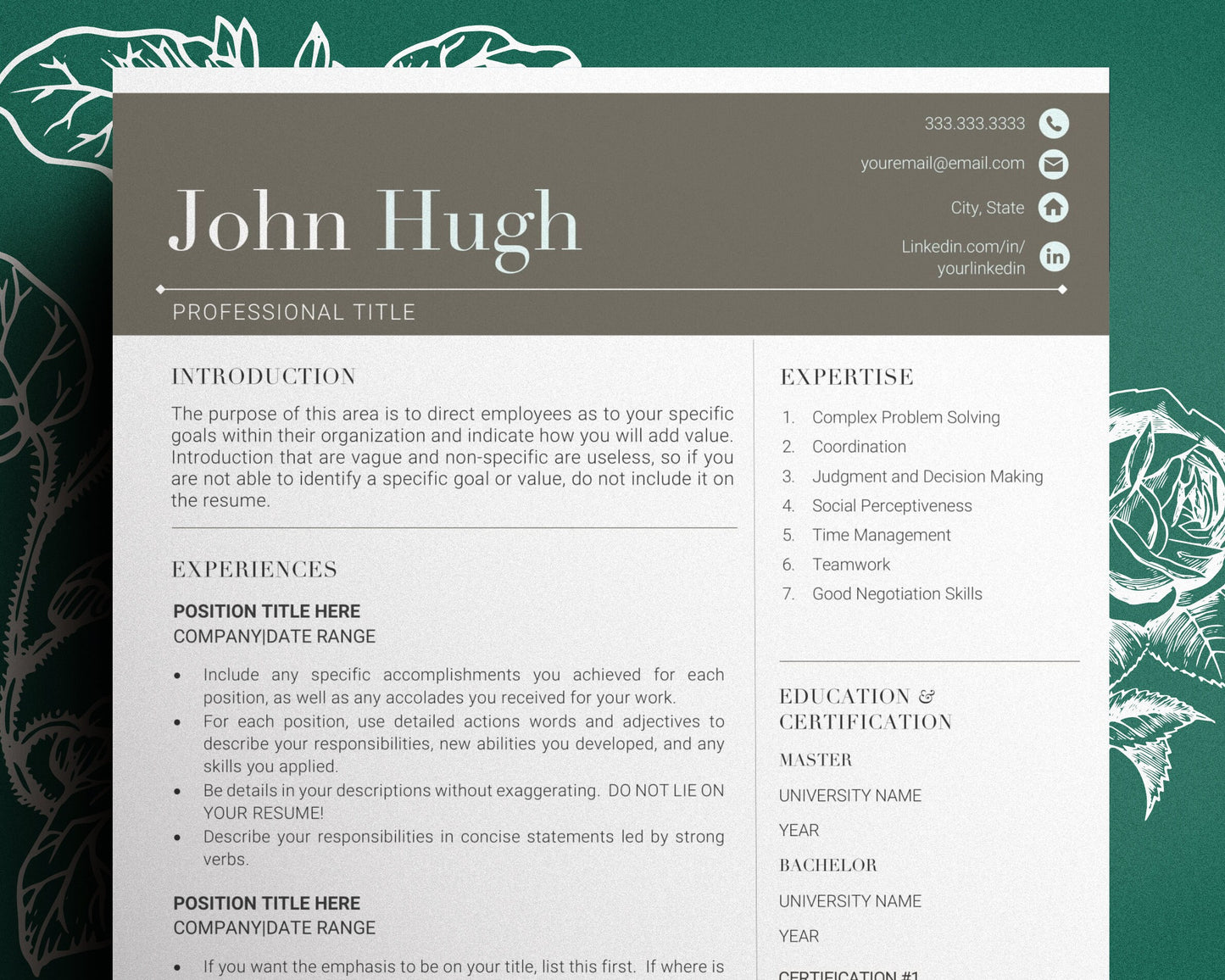 Resume Template for Word, 1 & 2 Page Professional Resume Template, Cover Letter, Instant Download, Nursing Resume Template, Professional CV