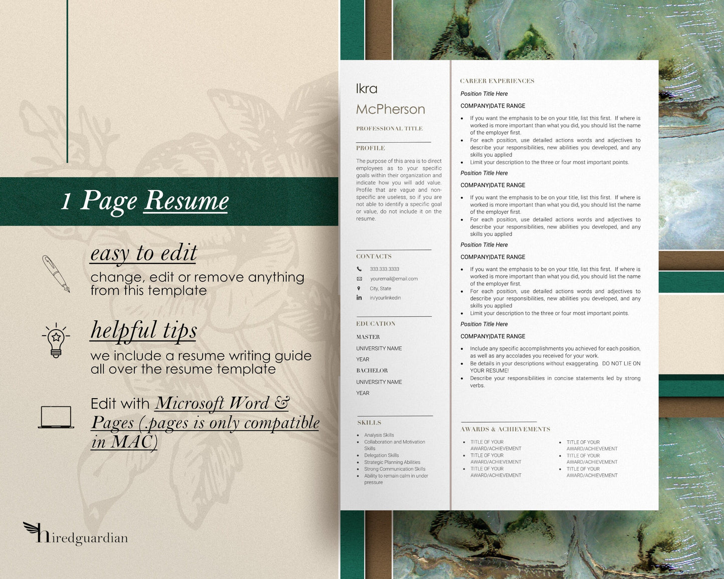 1 Page Resume Template for Word, Minimalist CV Template for Word, Resume and Cover letter Template, Engineer, Accountant, Executive Resume