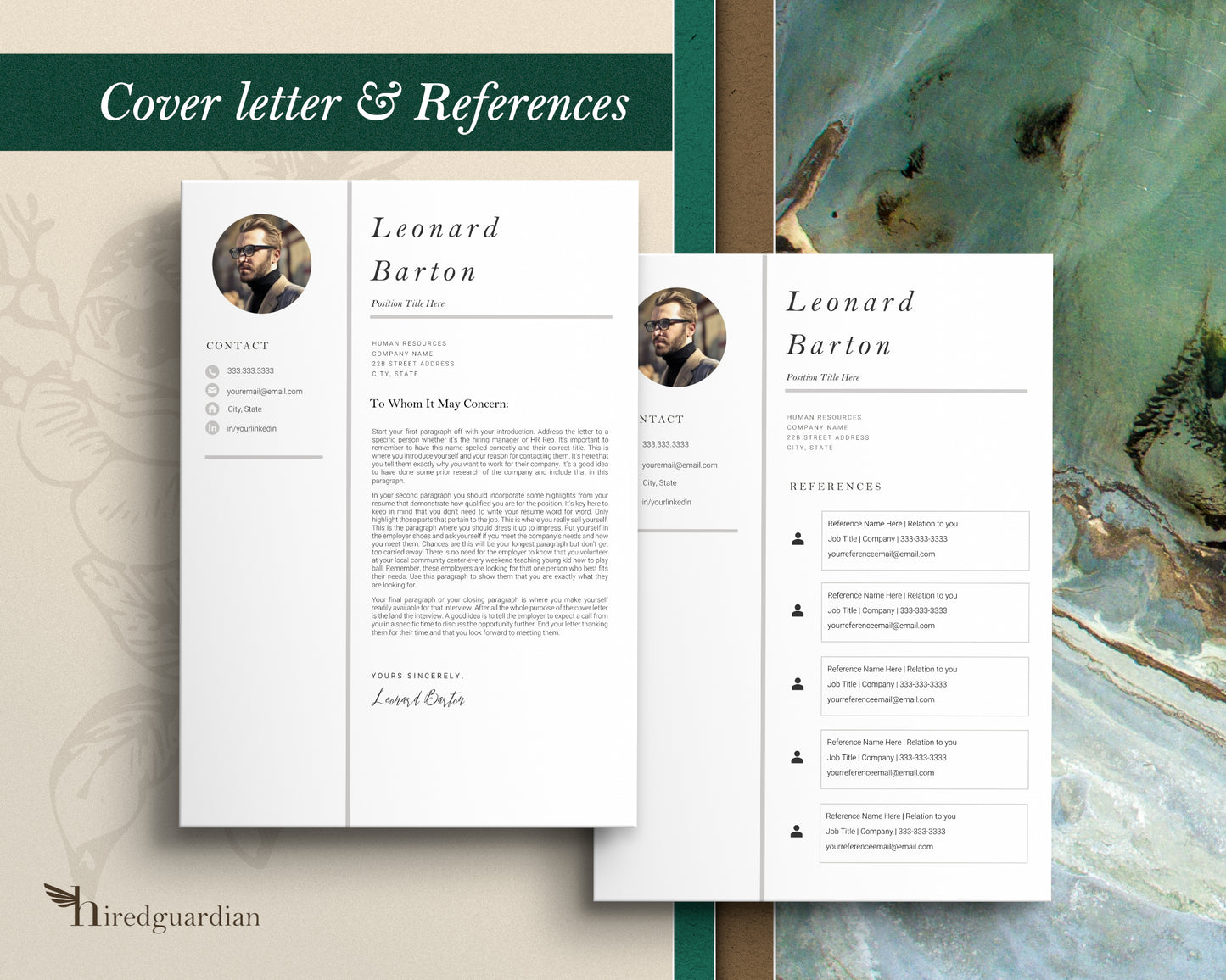 Professional Resume Template with Photo for Apple Pages in Mac or Word - Leonard - Hired Guardian